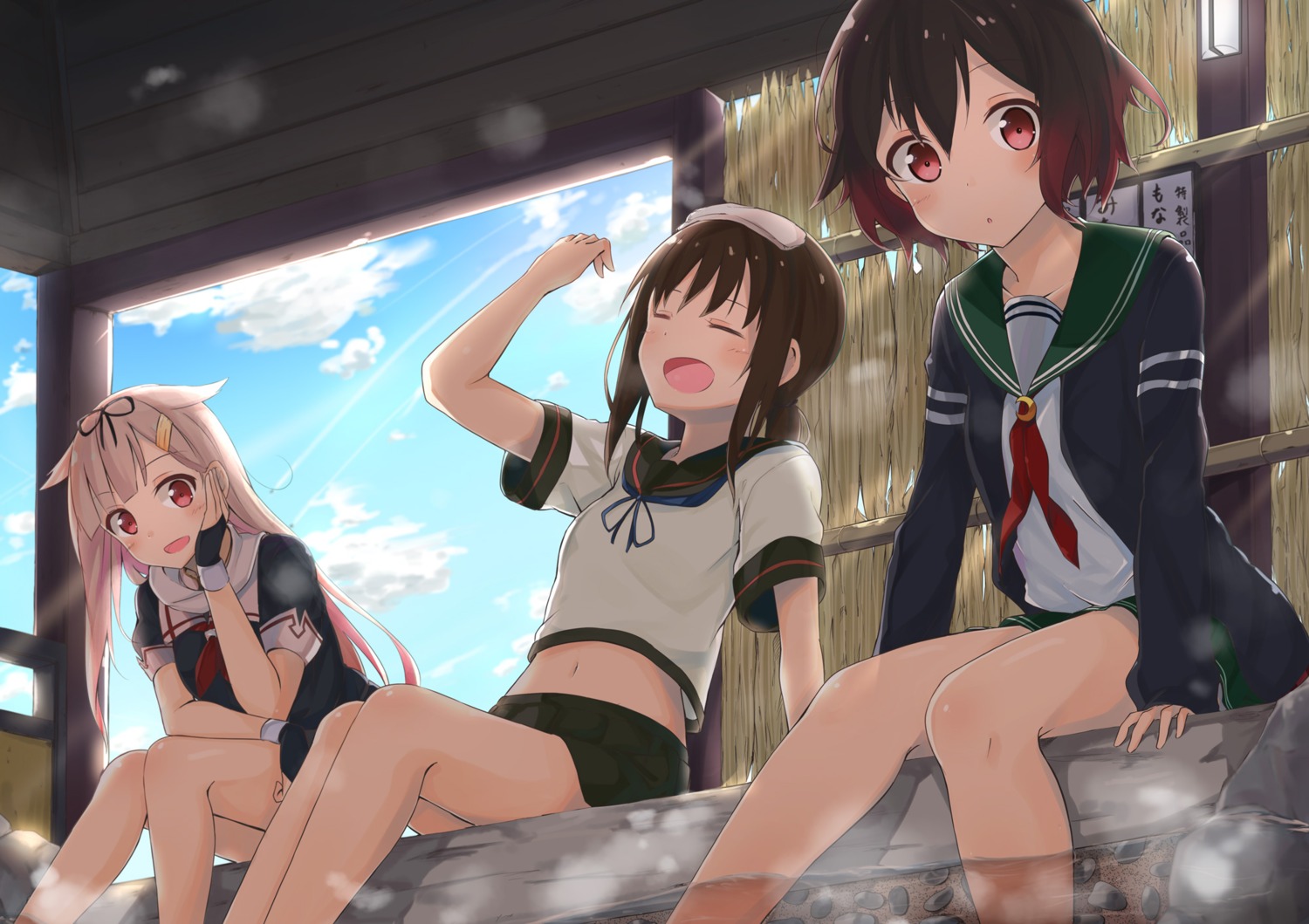 fubuki_(kancolle) kantai_collection mutsuki_(kancolle) sasahara_wakaba seifuku wet yuudachi_(kancolle)