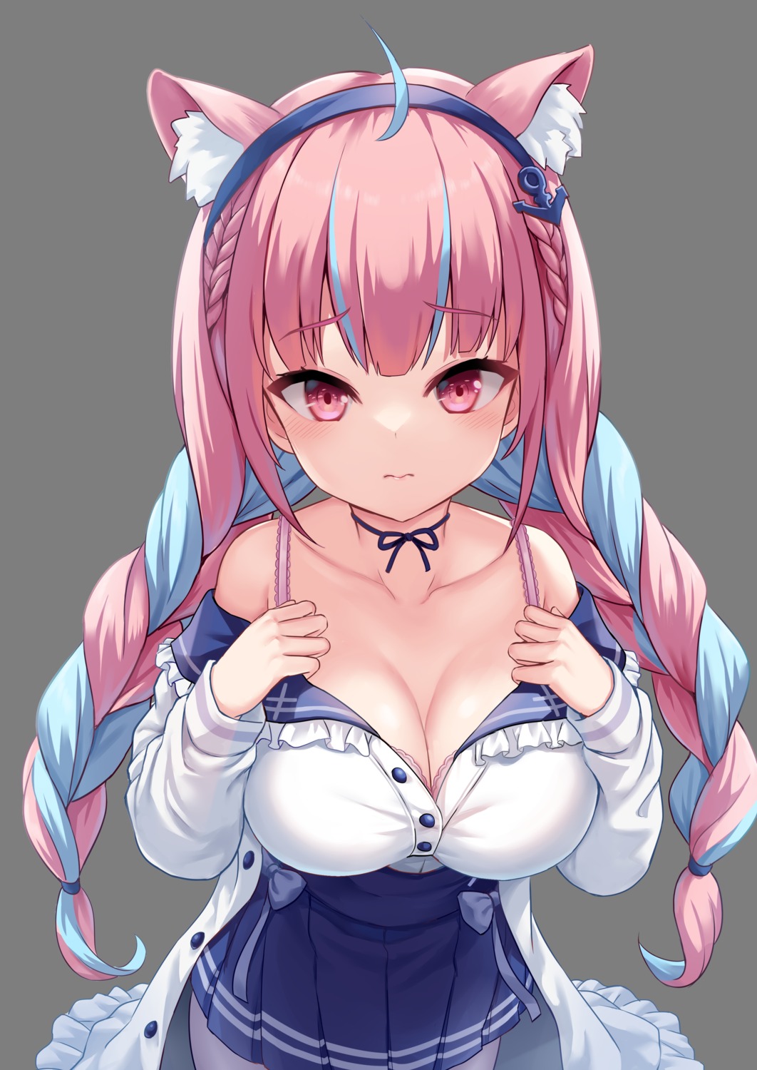 animal_ears bra cleavage hololive milkshake_(artist) minato_aqua nekomimi open_shirt pantyhose seifuku transparent_png