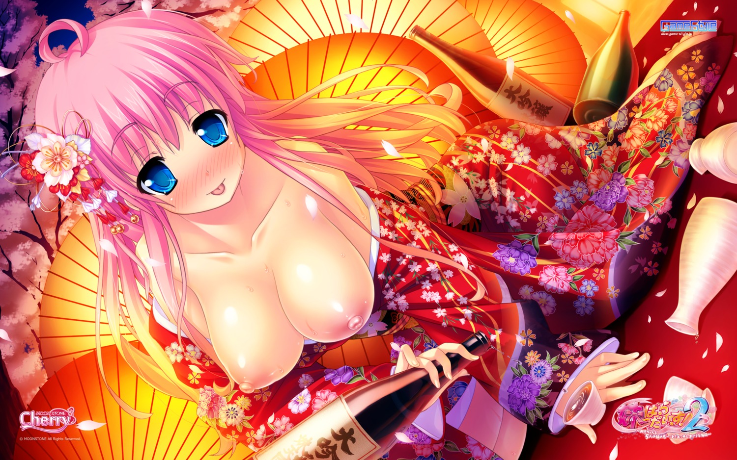 breasts game-style imouto_paradise!_2 itou_life kimono moonstone_cherry nanase_momoka nipples sake wallpaper