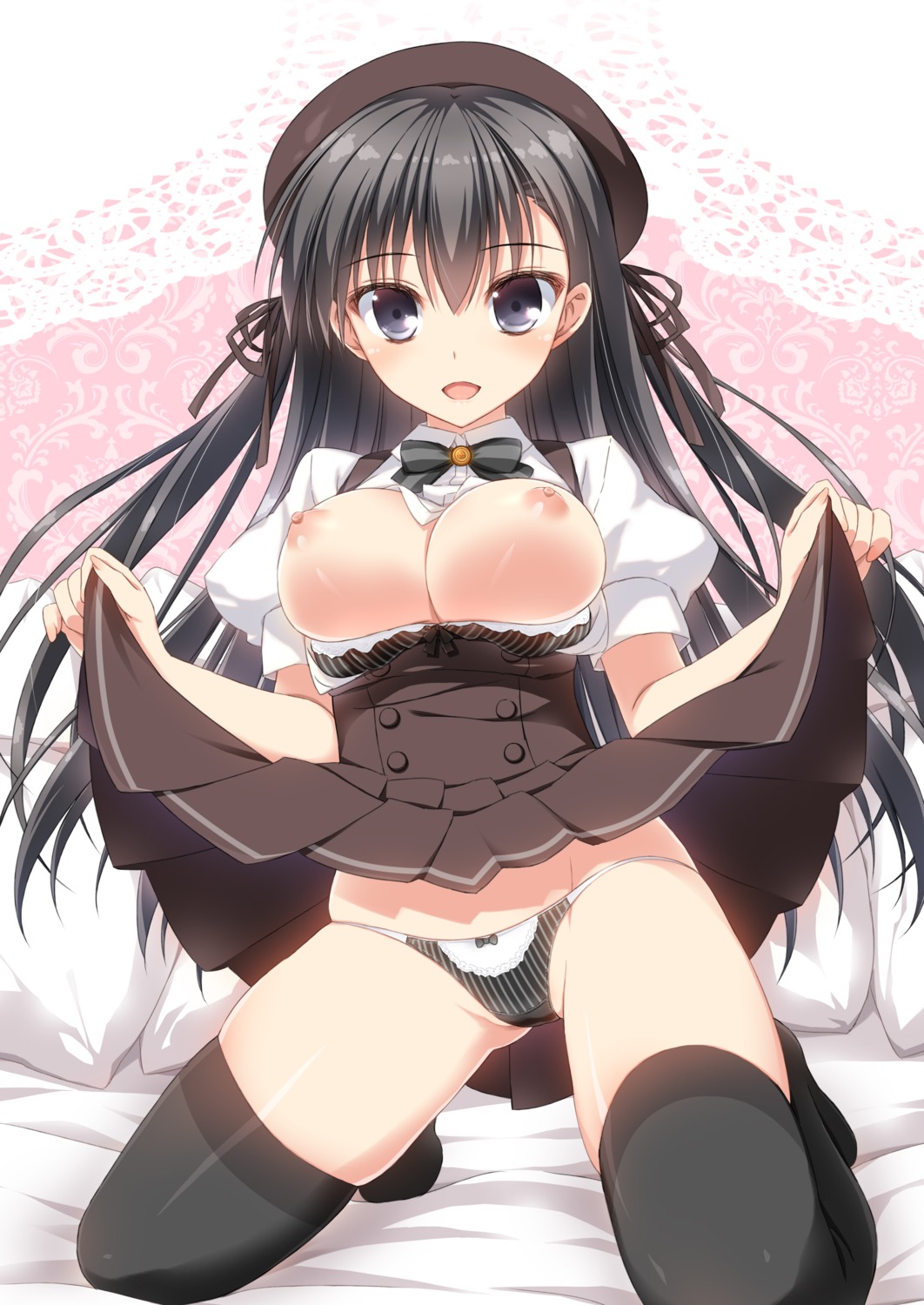 breasts nipples no_bra open_shirt pantsu skirt_lift suzuri thighhighs