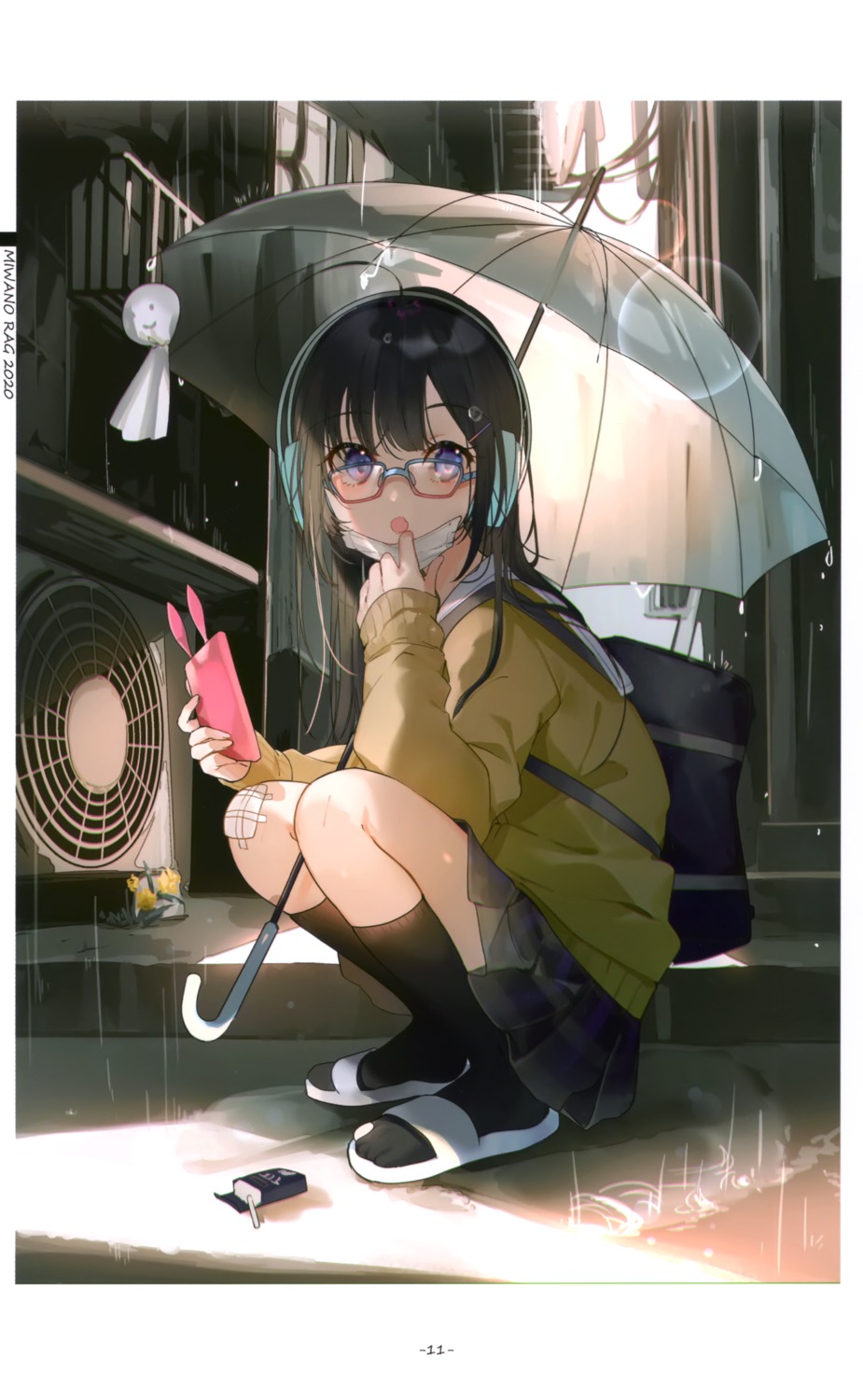 bandaid headphones megane miwano_ragu sanshoku_nattou_meshi seifuku skirt_lift sweater umbrella