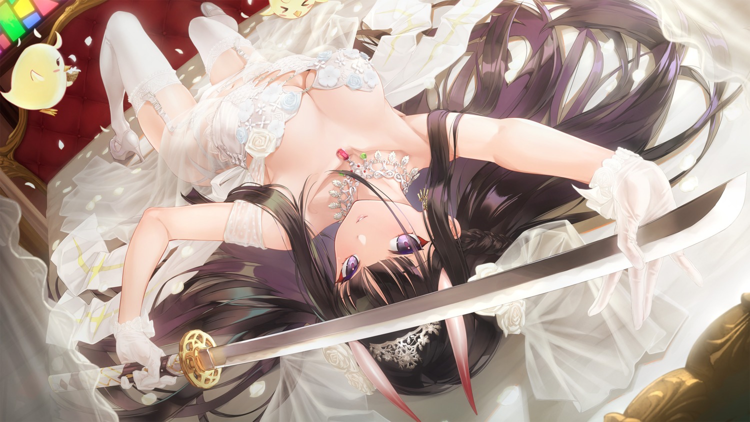 azur_lane happoubi_jin heels horns lingerie manjuu_(azur_lane) noshiro_(azur_lane) see_through stockings sword thighhighs