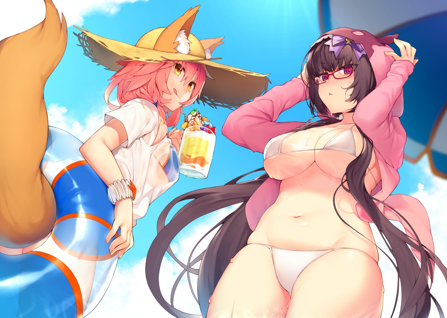akayan animal_ears bikini fate/grand_order megane open_shirt osakabe-hime_(fate/grand_order) see_through swimsuits tail tamamo_no_mae wet wet_clothes