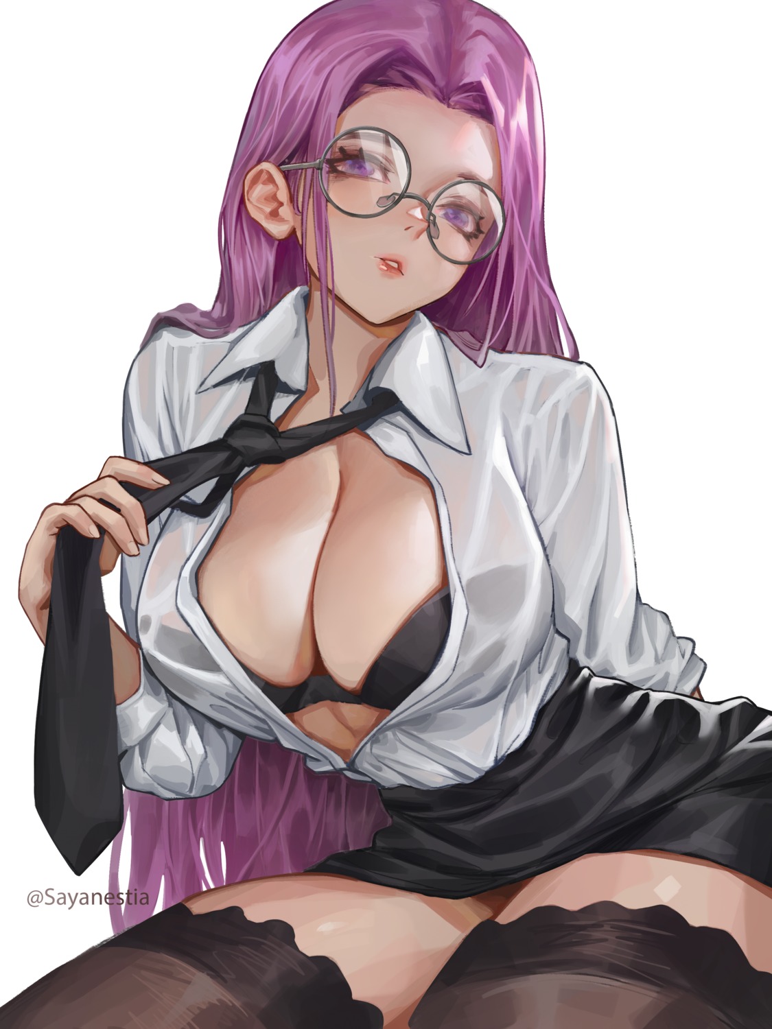 bra dress_shirt fate/grand_order fate/stay_night megane open_shirt rider sayanestia see_through skirt_lift thighhighs