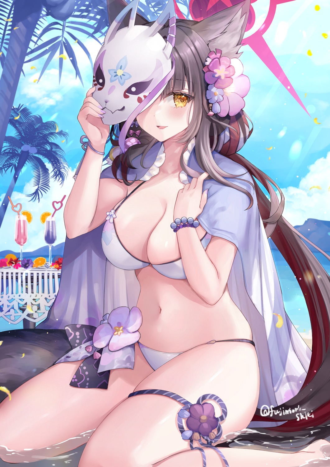 animal_ears bikini blue_archive fujimori_shiki garter halo kitsune kosaka_wakamo swimsuits tail