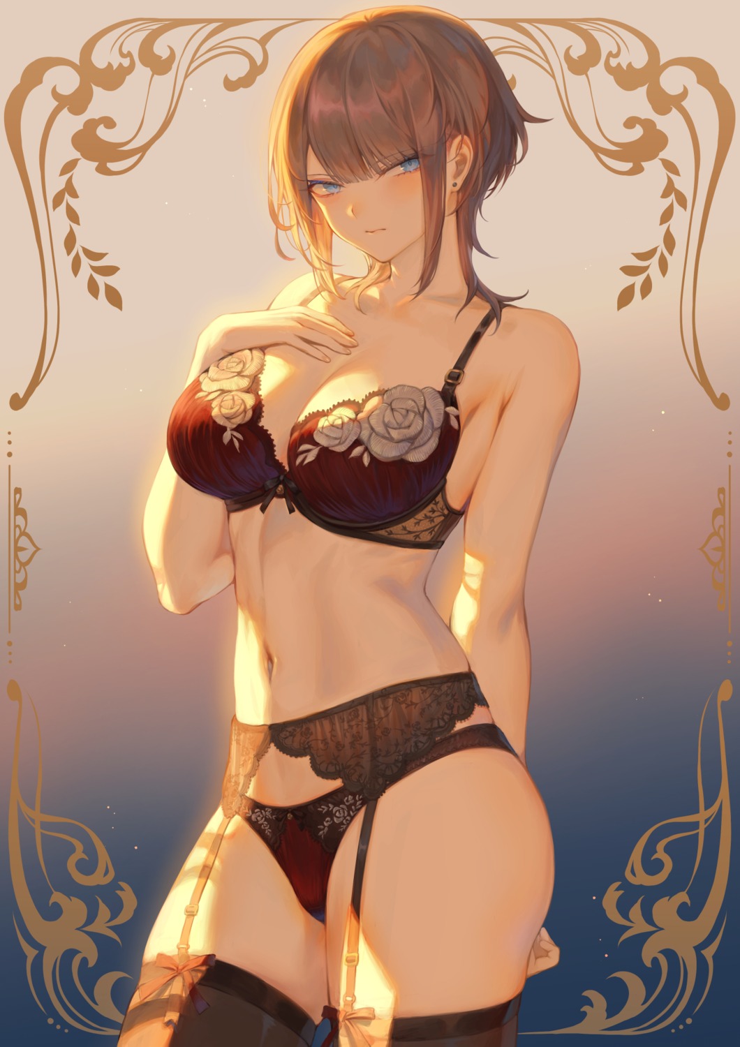 artist_revision bra breast_hold cleavage garter garter_belt lingerie mashu_(003) pantsu stockings thighhighs thong