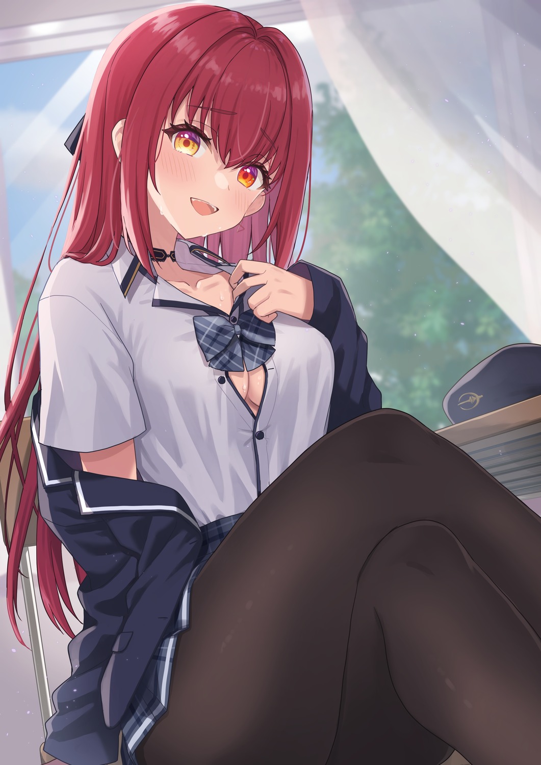 cleavage heterochromia hololive houshou_marine koto_(colorcube) no_bra open_shirt pantyhose seifuku skirt_lift undressing