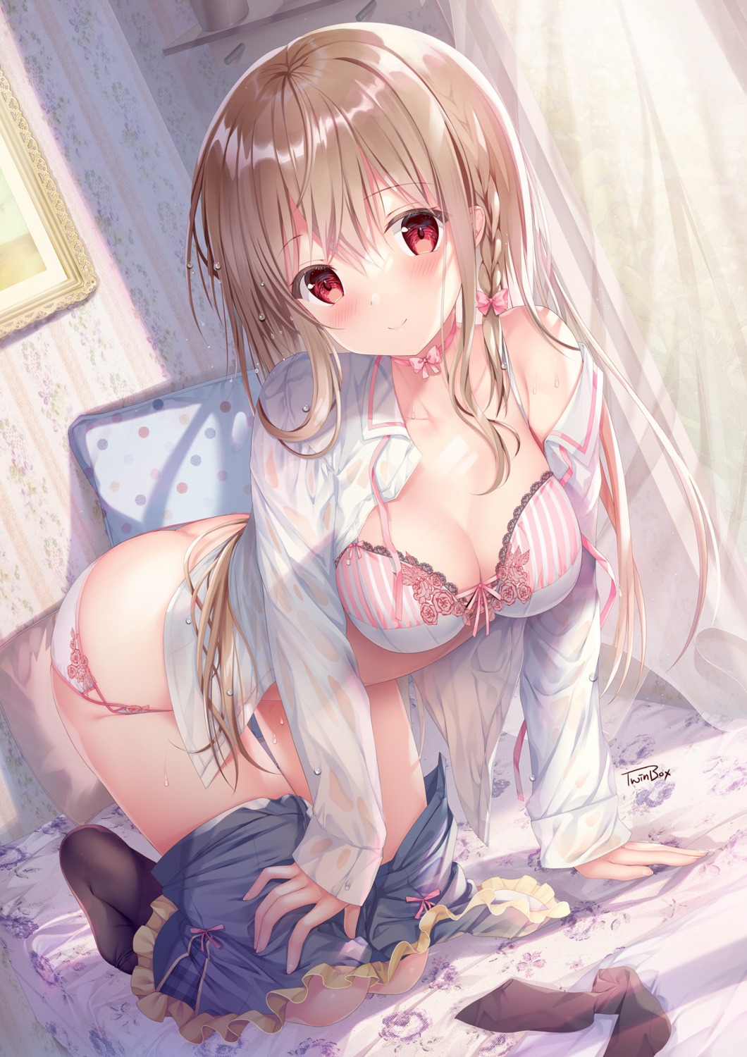 bra cleavage maeda_shiori open_shirt pantsu seifuku twinbox twinbox_school wardrobe_malfunction wet wet_clothes