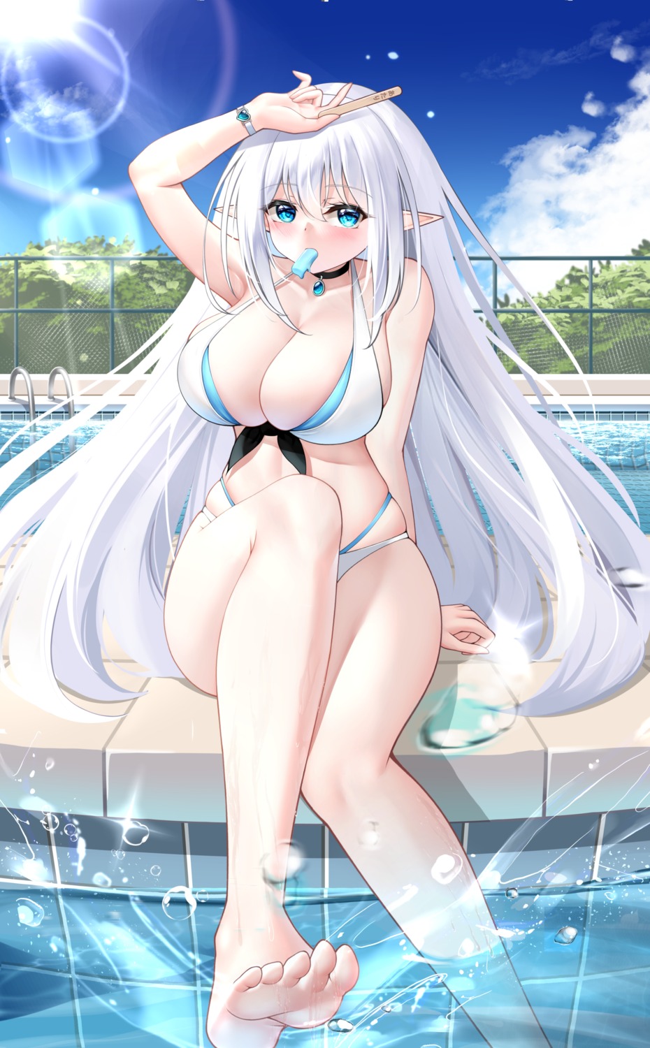 bikini mepurin_(scarlet59833) pointy_ears swimsuits wet