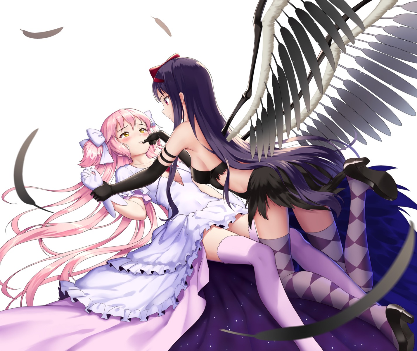 akemi_homura cleavage dress drogoth heels kaname_madoka puella_magi_madoka_magica thighhighs ultimate_madoka wings yuri