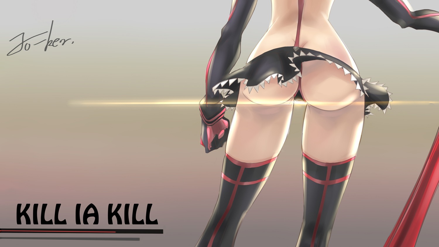 ass jo-ker_(578569602) kill_la_kill matoi_ryuuko nopan senketsu skirt_lift sword thighhighs wallpaper