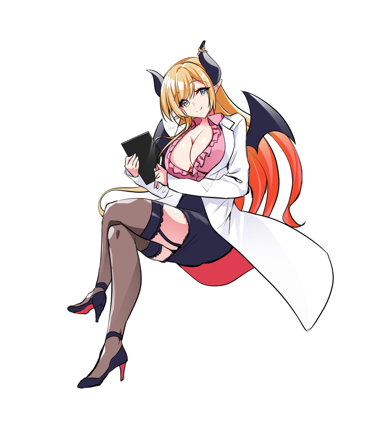 heels hololive horns no_bra open_shirt pointy_ears sasakuma_kyouta stockings thighhighs wings