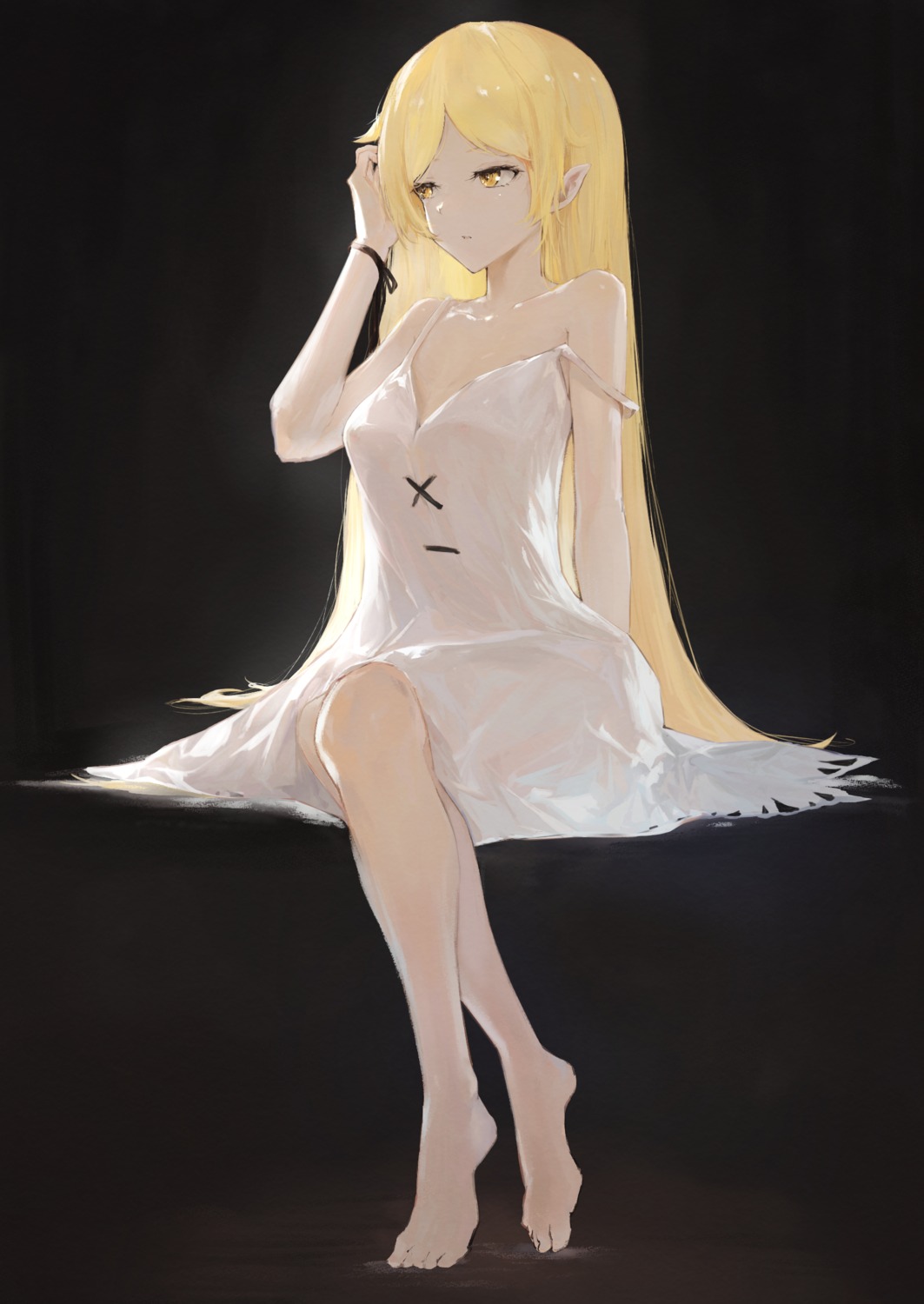 areola dress kissshotmagia kizumonogatari monogatari_(series) no_bra oshino_shinobu pointy_ears see_through summer_dress