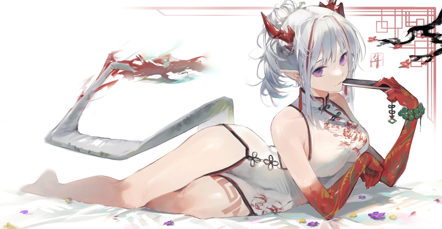 arknights chinadress hatachi8p horns nian_(arknights) pointy_ears tail tattoo