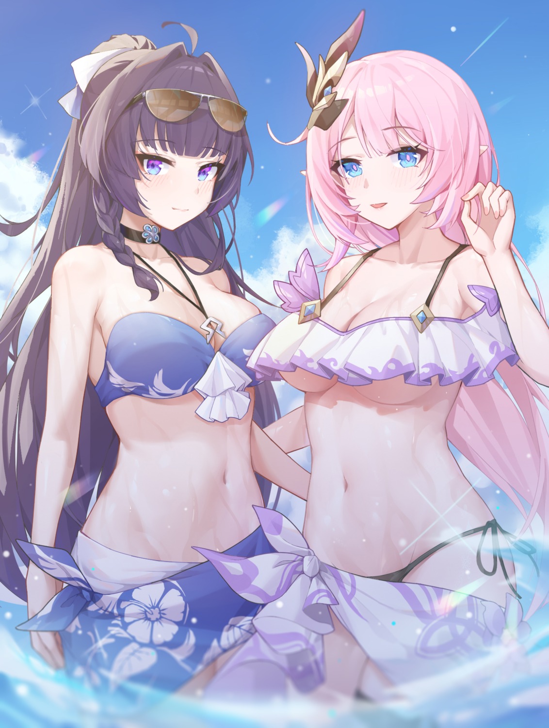 benghuai_xueyuan bikini garter honkai_impact megane raiden_mei swimsuits underboob wet wood_cube