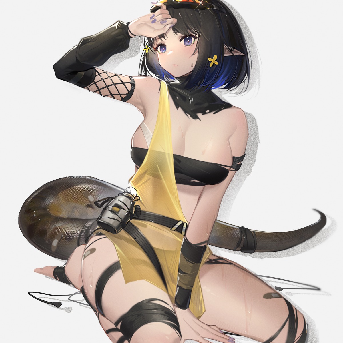 arknights bandaid eunectes_(arknights) garter no_bra pantsu pointy_ears see_through tail xtears_kitsune