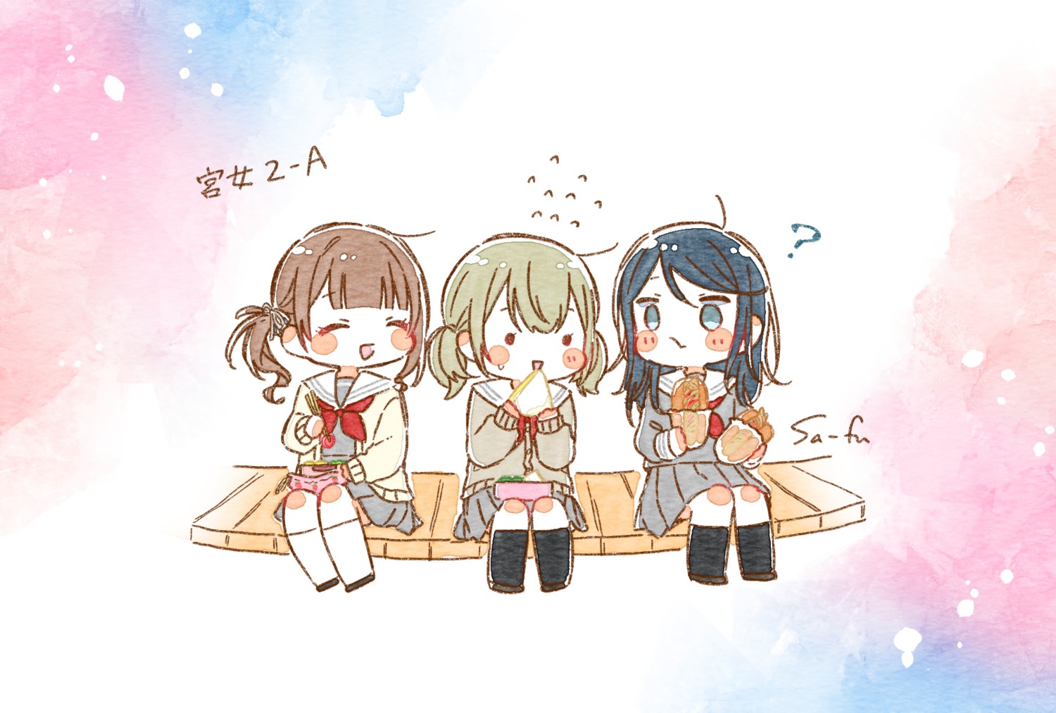 azusawa_kohane chibi hoshino_ichika_(project_sekai) mochizuki_honami project_sekai sa-fu seifuku sweater