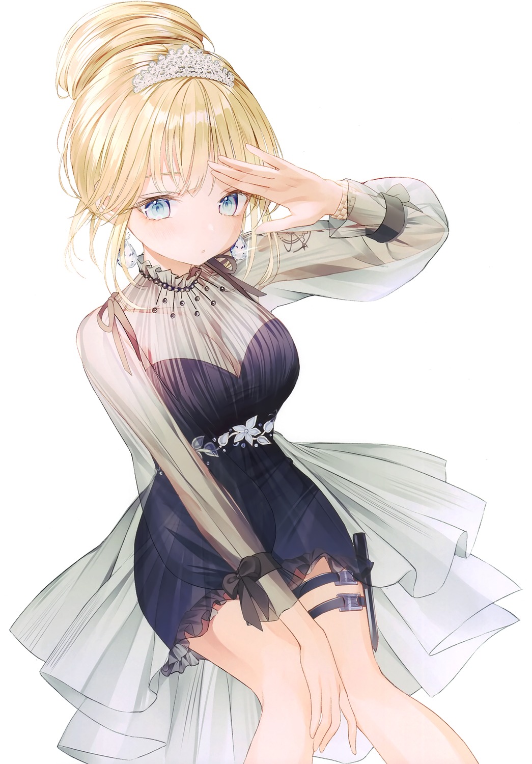 cleavage dress garter hololive hololive_english nabi_(uz02) see_through watson_amelia weapon