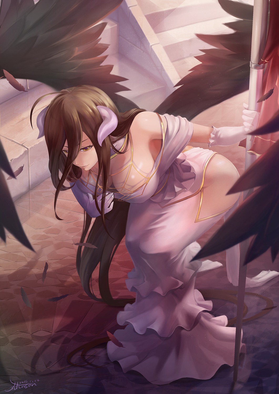 albedo_(overlord) cleavage crow_aberdeen dress horns no_bra nopan overlord wings