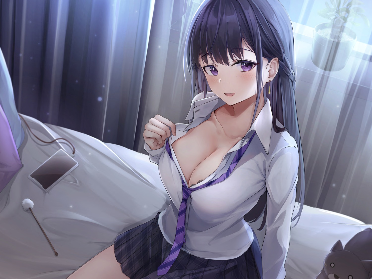 bra cleavage kurohikage neko open_shirt seifuku undressing