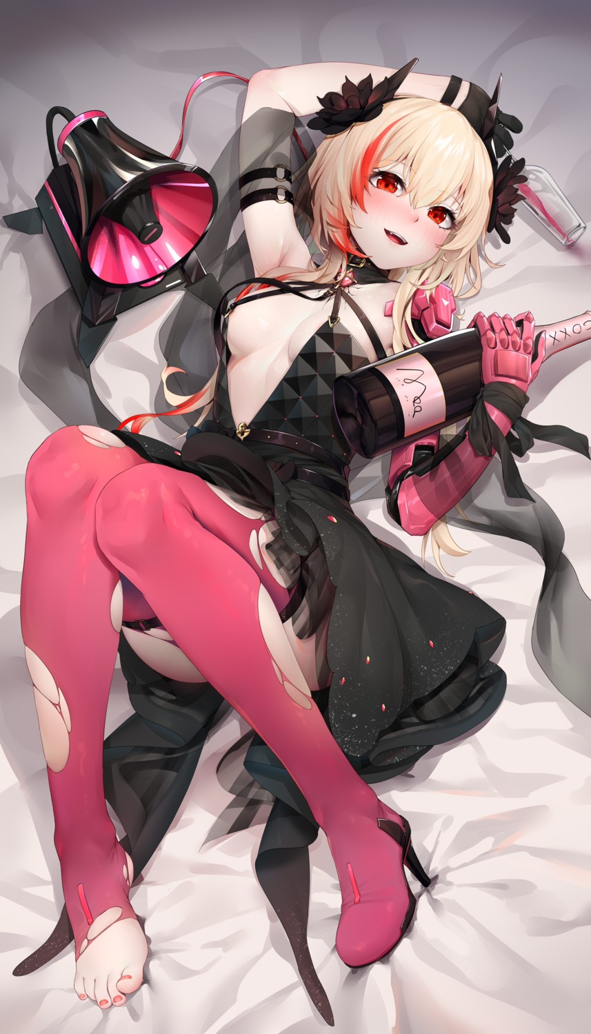 dress feet girls_frontline heels horns m4_sopmod_ii_(girls_frontline) no_bra ray_(pixiv9514208) skirt_lift thighhighs torn_clothes