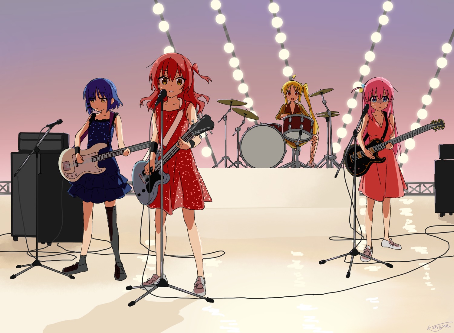 bocchi_the_rock! cleavage dress fishnets gotou_hitori guitar ijichi_nijika kita_ikuyo teruya_(6w6y) thighhighs yamada_ryou