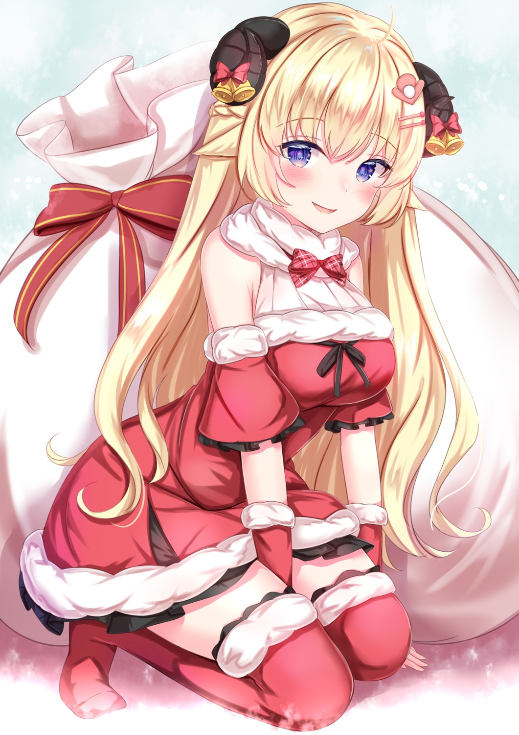 animal_ears christmas dress hololive horns thighhighs tsunomaki_watame yuano