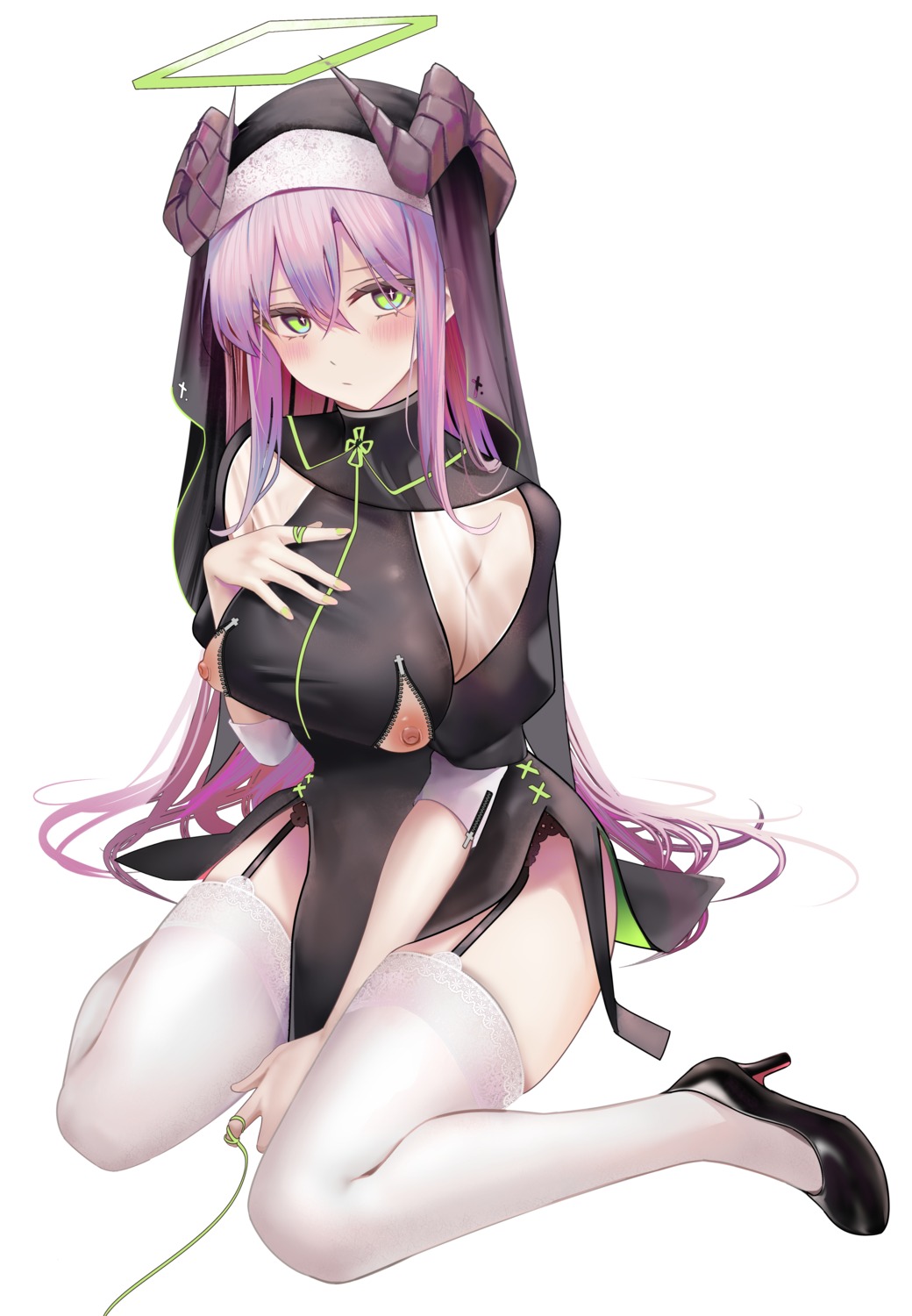 angel breast_hold garter_belt heels horns nipples no_bra nun ru_zhai see_through skirt_lift stockings thighhighs