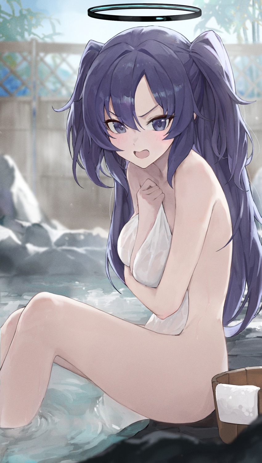 blue_archive breast_hold halo hayase_yuuka jiang_zhuti_jiojio naked onsen see_through towel wet