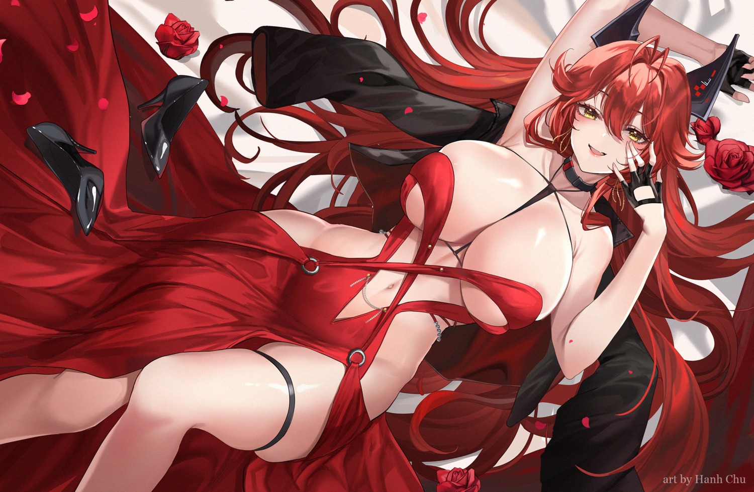 dress garter goddess_of_victory:_nikke hanh_chu heels horns no_bra nopan red_hood_(nikke)