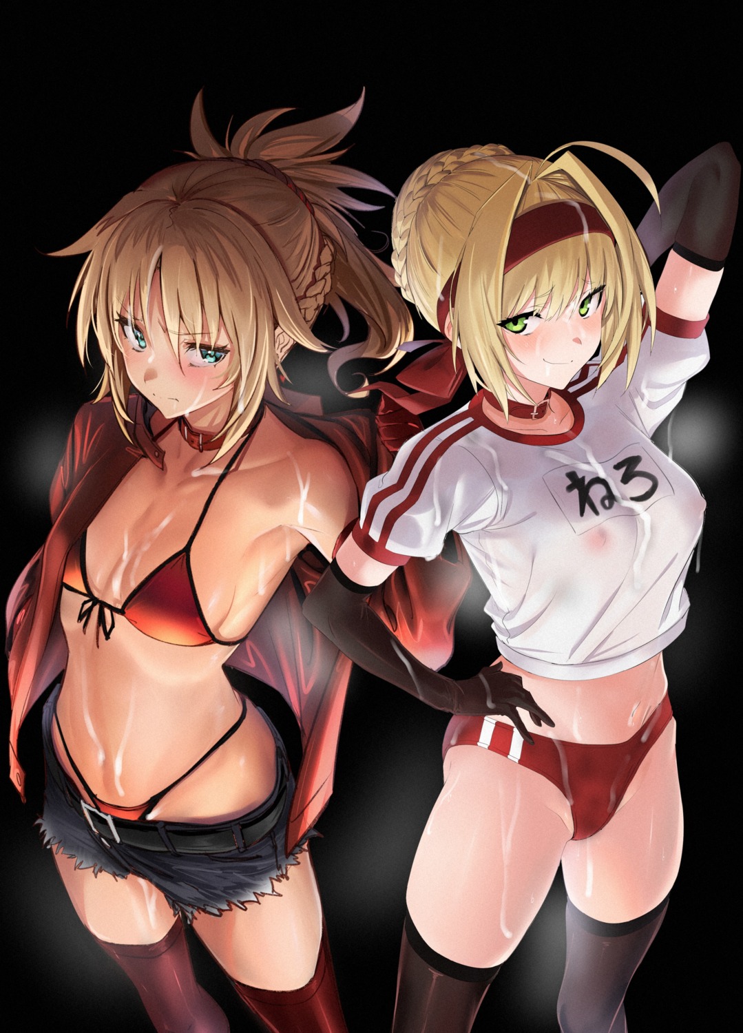 bikini buruma cleavage cum fate/grand_order gym_uniform mordred_(fate) nipples no_bra open_shirt saber_extra see_through swimsuits thighhighs ulrich_(tagaragakuin)