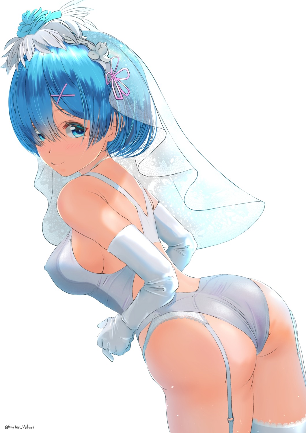 ass erect_nipples garter-velvet garter_belt re_zero_kara_hajimeru_isekai_seikatsu rem_(re_zero) stockings swimsuits thighhighs