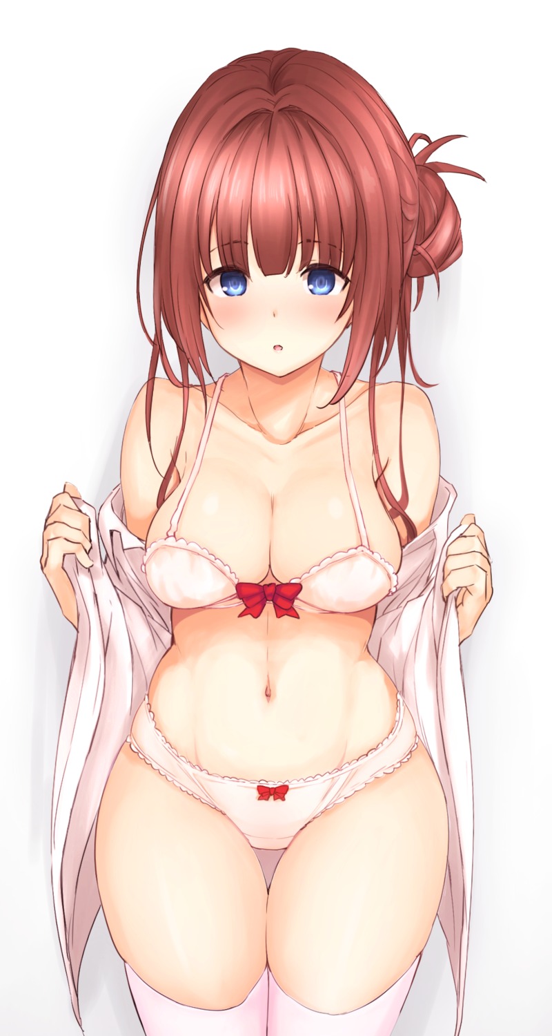 bra dress_shirt open_shirt pantsu tatsuhiko thighhighs undressing