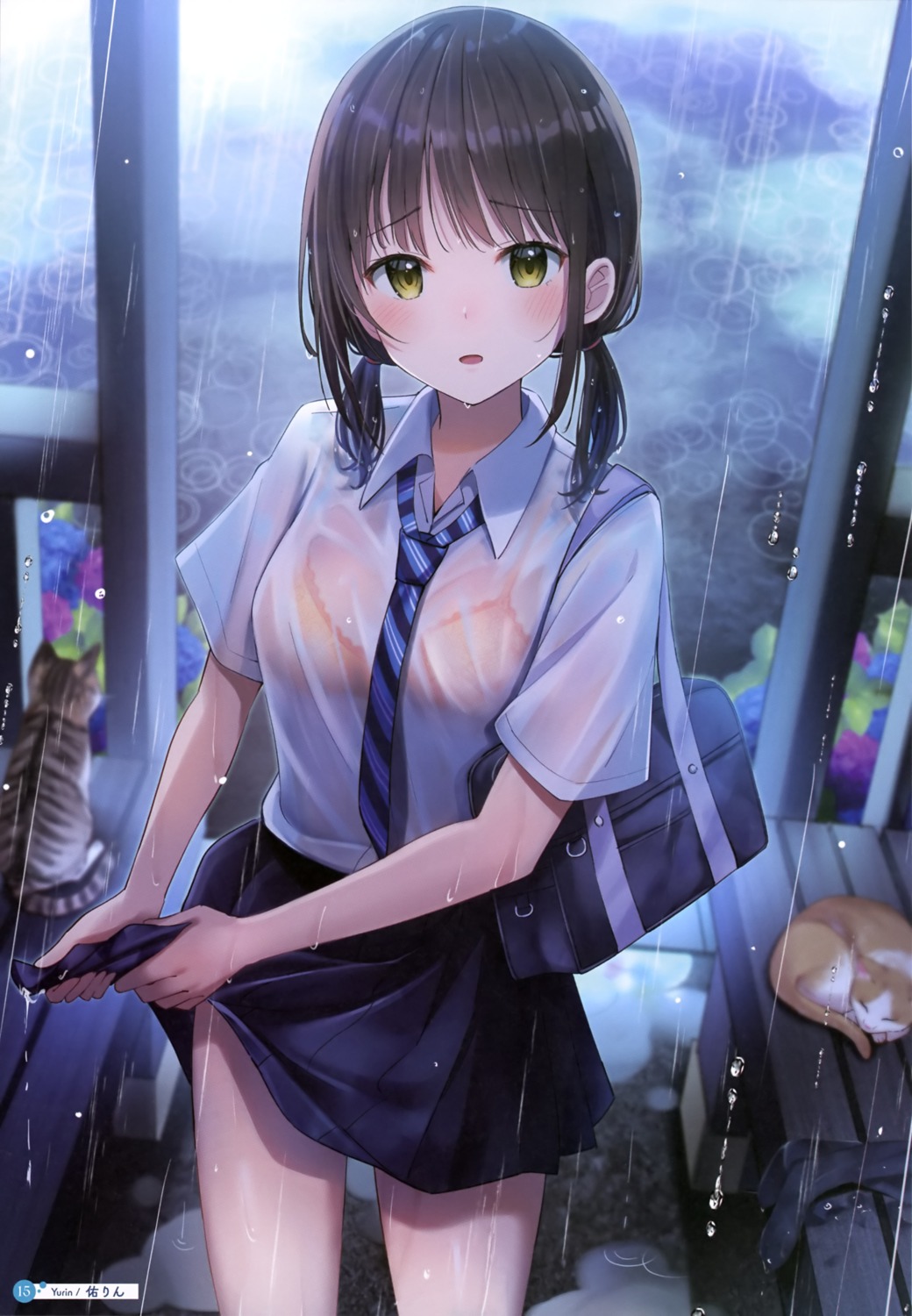 bra neko see_through seifuku skirt_lift wet wet_clothes yurin