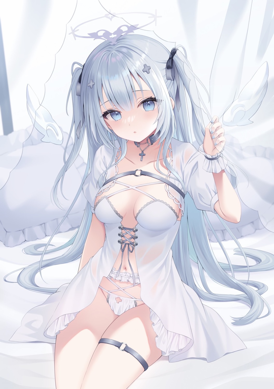 angel garter indie_virtual_youtuber kanora lingerie no_bra pantsu see_through wings yuha_uyu