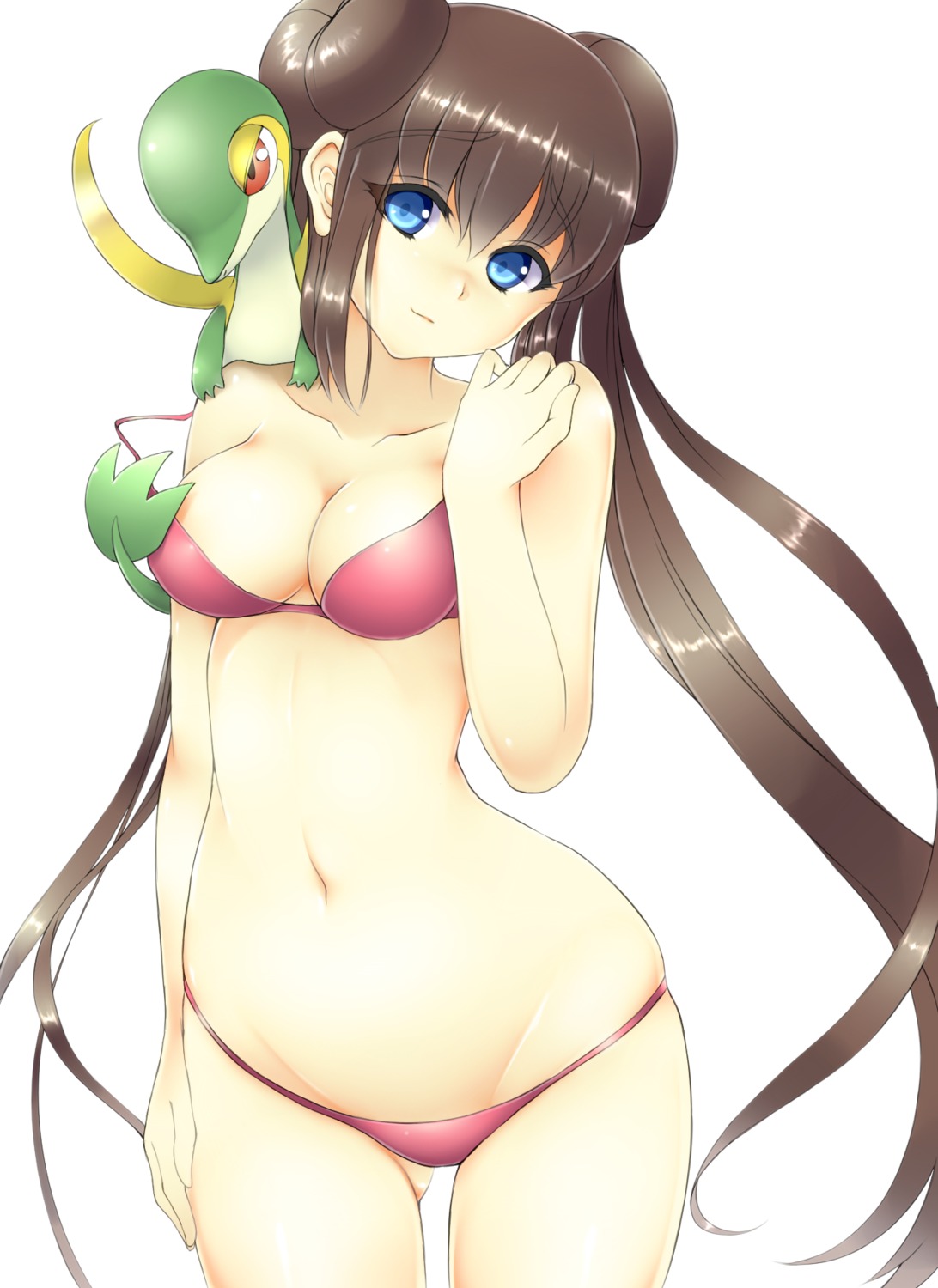 aogu bikini breasts cleavage mei_(pokemon) pokemon pokemon_black_and_white_2 snivy swimsuits wardrobe_malfunction