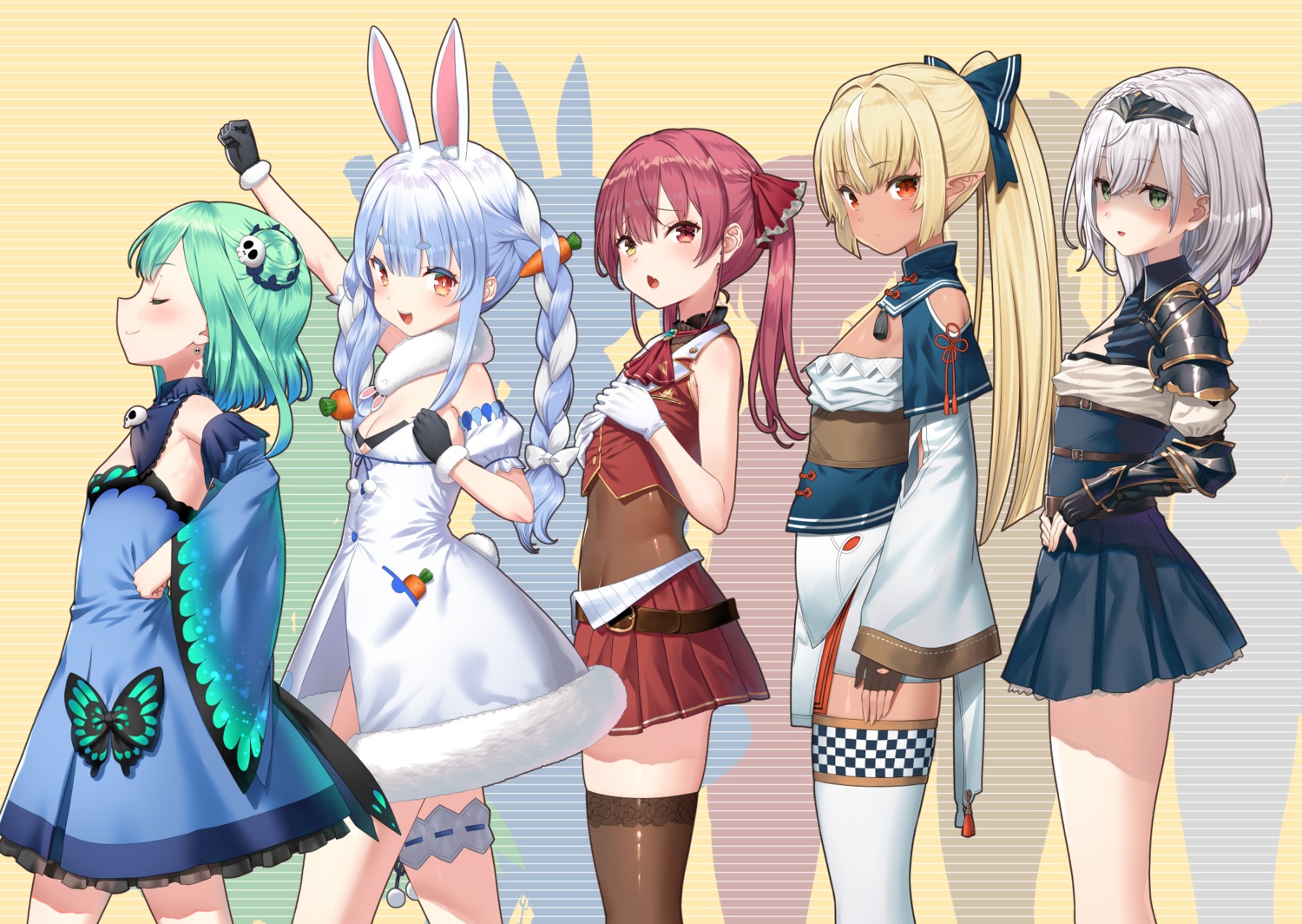 animal_ears armor breast_hold bunny_ears dress elf garter heterochromia hololive houshou_marine no_bra pointy_ears shiranui_flare shirogane_noel thighhighs uruha_rushia usada_pekora yasuyuki