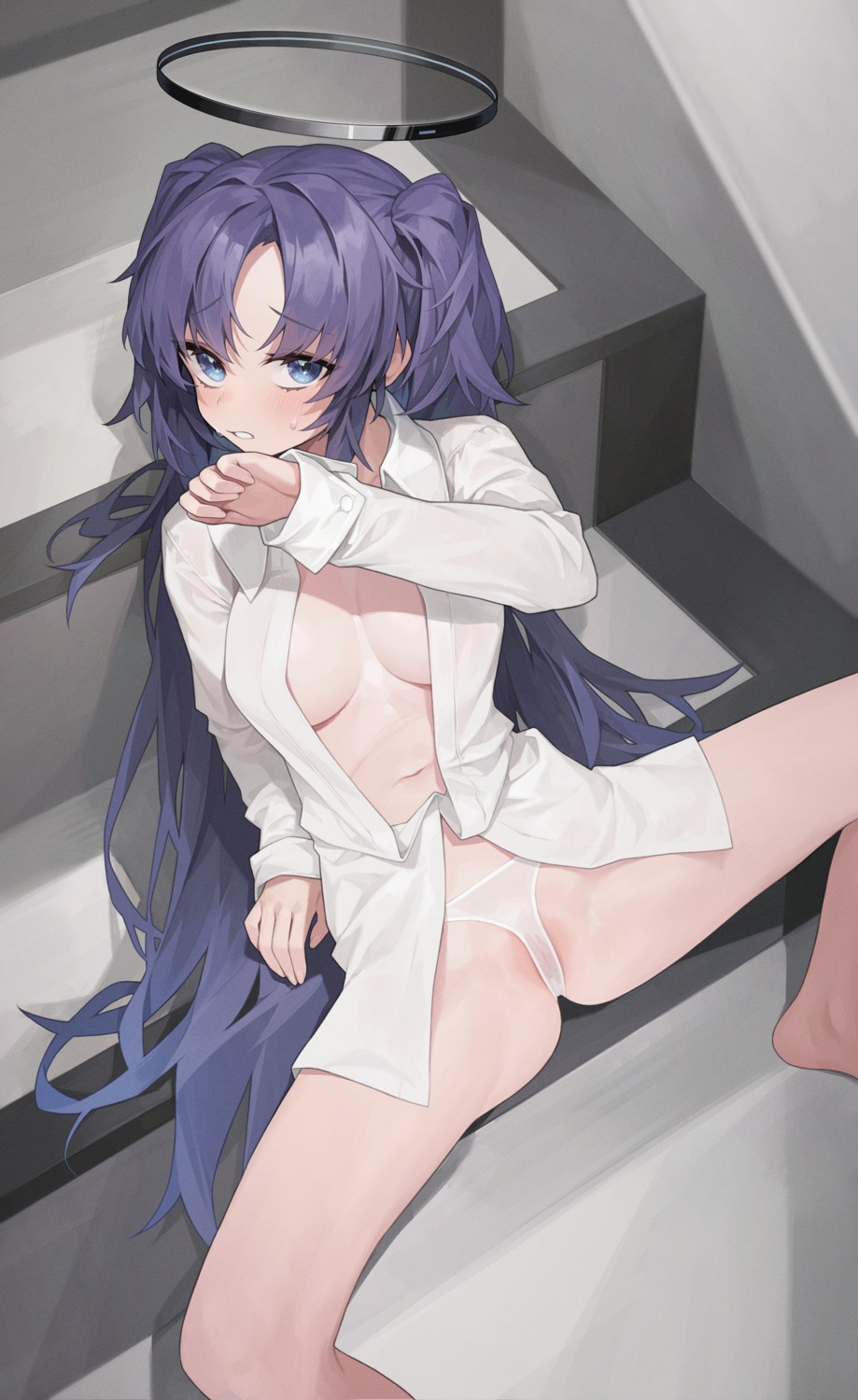 blue_archive dress_shirt halo hayase_yuuka mokew no_bra open_shirt pantsu thong