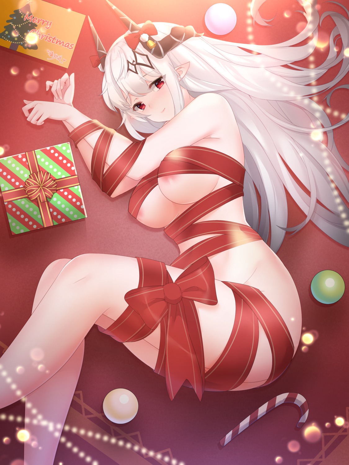 areola arknights bondage christmas horns lingshalan mudrock_(arknights) naked_ribbon pointy_ears