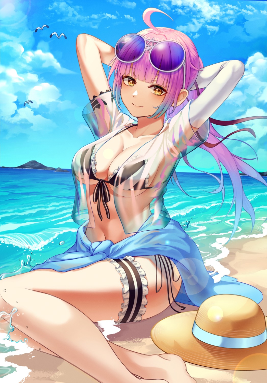 bikini garter megane myung_yi open_shirt see_through swimsuits wet wet_clothes