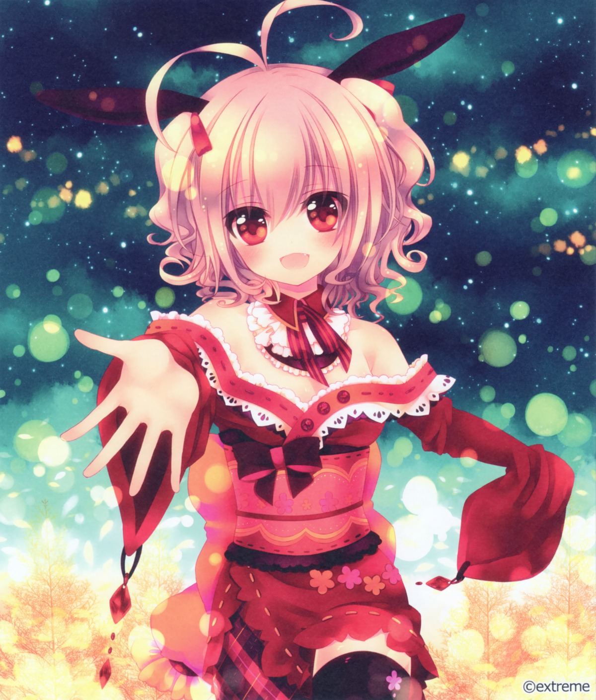 animal_ears cleavage japanese_clothes konno_kengo momoiro_taisen_pairon teto thighhighs uni-guru