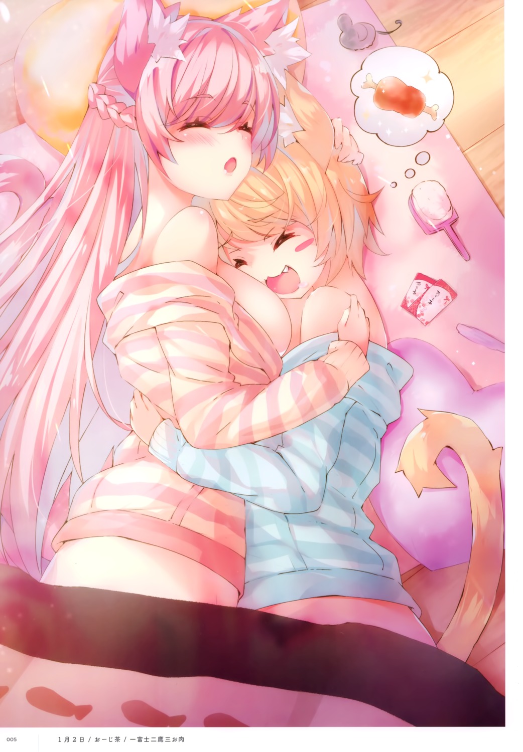 animal_ears nekomimi no_bra ojitea pajama tail yuri