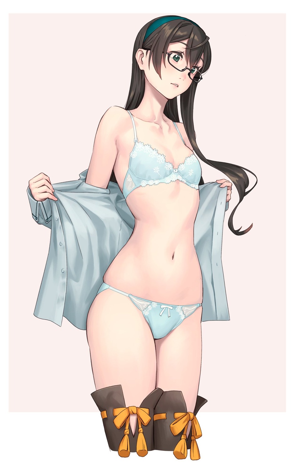 bra cleavage kantai_collection megane ooyodo_(kancolle) open_shirt pantsu thighhighs undressing yuuji_(and)