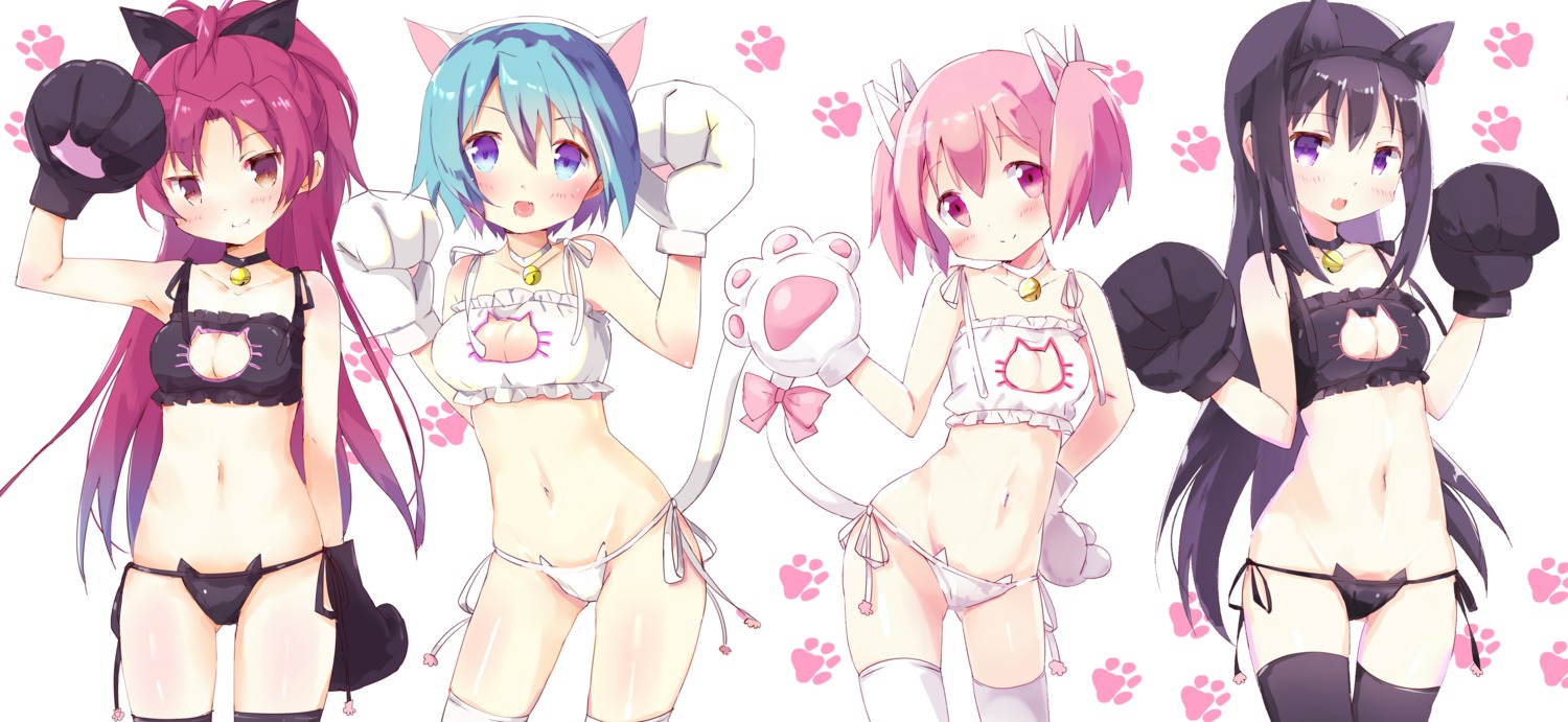 akemi_homura animal_ears bra cleavage kaname_madoka lingerie miki_sayaka nekomimi pantsu puella_magi_madoka_magica sakura_kyouko string_panties thighhighs tsubaki_(tatajd)