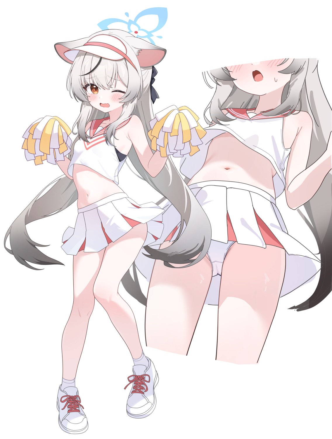 animal_ears blue_archive cheerleader halo loli nekomimi nonddu pantsu skirt_lift sunohara_kokona