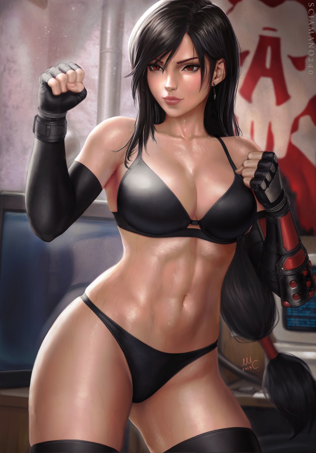 bra final_fantasy final_fantasy_vii mirco_cabbia pantsu thighhighs tifa_lockhart wet