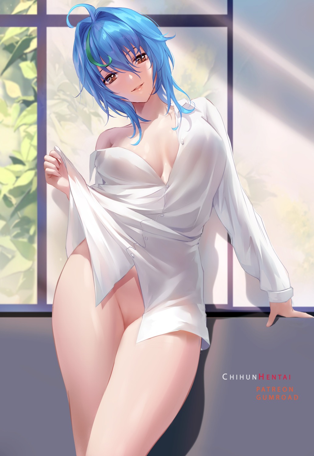 bottomless chihunhentai dress_shirt highschool_dxd nipples no_bra open_shirt pussy see_through shirt_lift wet wet_clothes xenovia_quarta