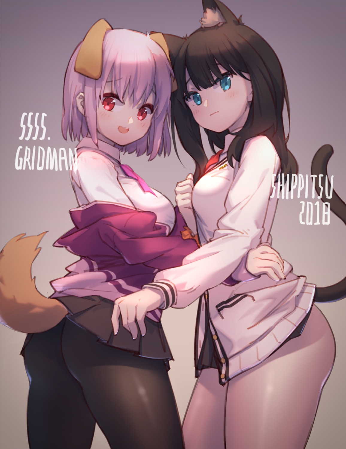 animal_ears ass pantyhose seifuku shinjou_akane shippitsu skirt_lift ssss.gridman sweater tail takarada_rikka