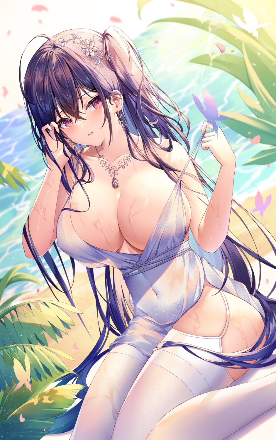 azur_lane dress no_bra see_through shan_far stockings taihou_(azur_lane) thighhighs undressing wet