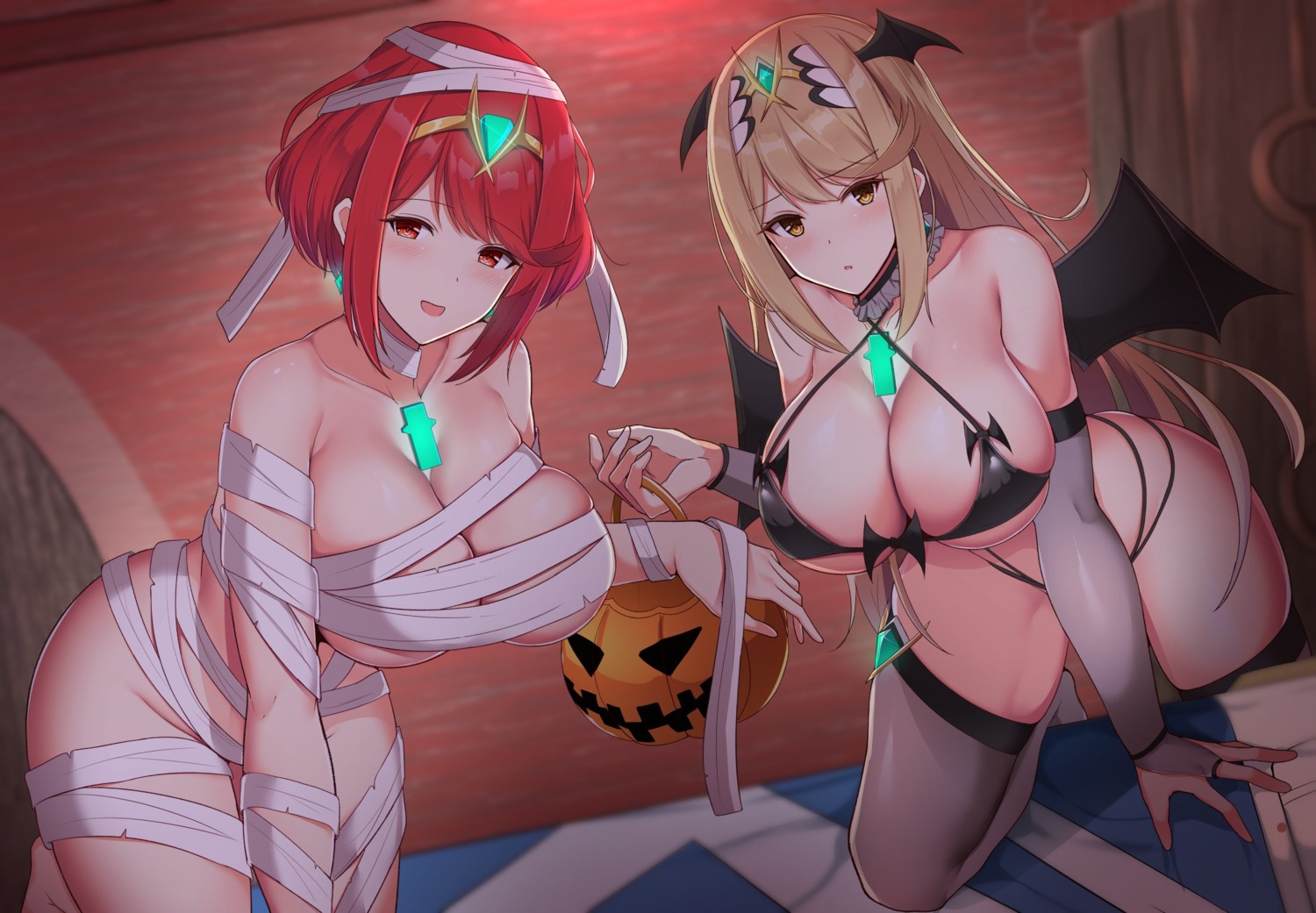 bandages bikini halloween hikari_(xenoblade_2) homura_(xenoblade_2) naked_ribbon noeomi swimsuits thighhighs wings xenoblade xenoblade_chronicles_2